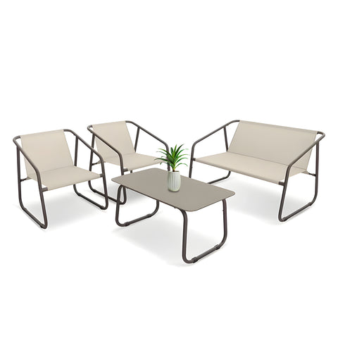 Set Nizza Lounge mit Glastisch, Sofa und 2 Sesseln aus beigem Textilene