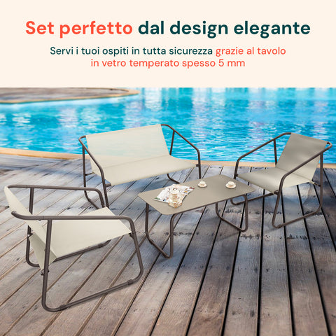 Set Nizza Salotto Con Tavolo In Vetro Divano E 2 Poltrone In Textilene Beige