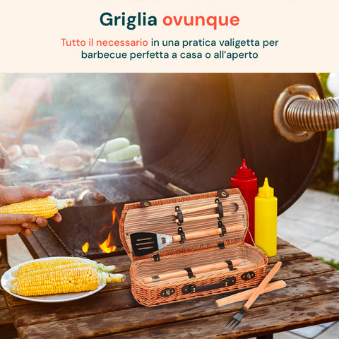 Cesto Set Bbq Portatile Con 5 Accessori In Valigetta Vimini