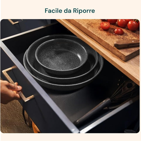Set padelle Bavaria con manici removibili impilate nel cassetto - design salvaspazio per cucina organizzata, 3 misure diverse