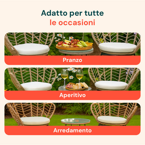 Set Fiji Salotto Con Tavolino In Vetro E 2 Sedie In Polyrattan