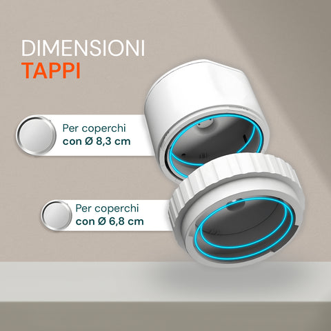 Dimensioni tappi sigillatore sottovuoto: compatibile con coperchi diametro 8,3 cm e 6,8 cm, schema tecnico del dispositivo