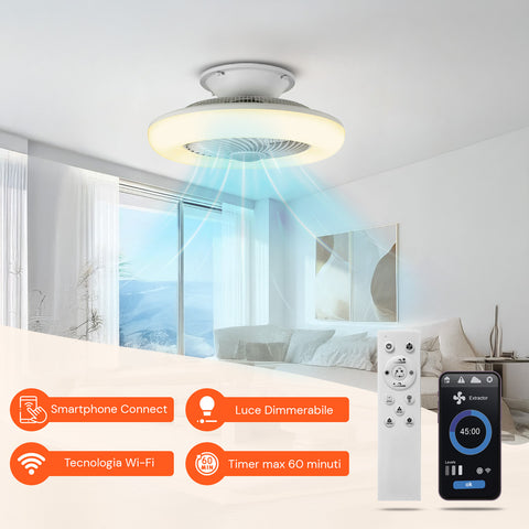Controllo smartphone connect con luce dimmerabile, tecnologia Wi-Fi e timer max 60 minuti tramite app dedicata