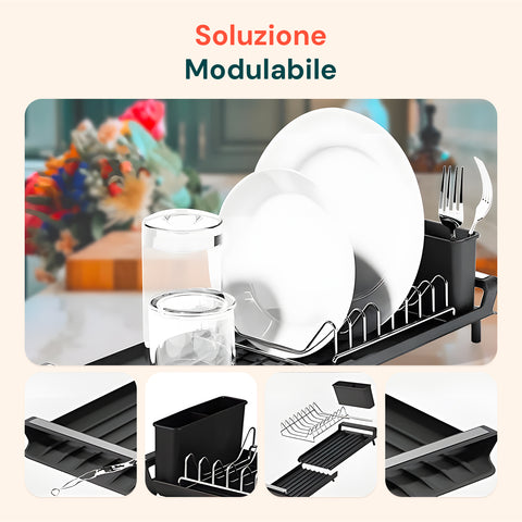 Soluzione modulabile con scolapiatti a componenti separabili per personalizzazione dello spazio cucina secondo le esigenze