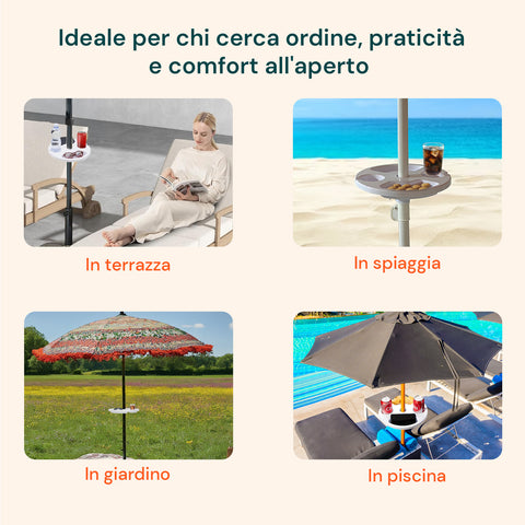 Tavolino per ombrellone versatile ideale per ogni ambiente esterno: terrazza, spiaggia, giardino e bordo piscina per comfort ovunque