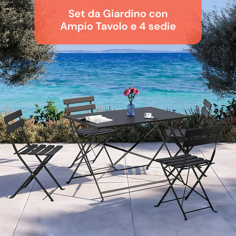 Set Koby Double Salotto Con Tavolo E 4 Sedie Pieghevoli In Metallo Antracite