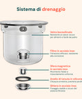 Sistema di drenaggio teiera in vetro: filtro acciaio inox, sfera magnetica, anello silicone, ghiera fissaggio componenti