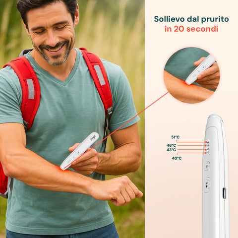 Uomo sorridente con zaino utilizza dispositivo terapeutico Avilia per sollievo dal prurito in 20 secondi, con 4 livelli di temperatura da 40°C a 51°C

