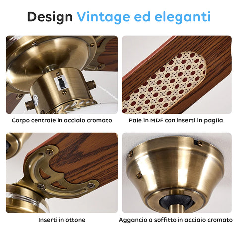Design vintage ed elegante con corpo centrale in acciaio cromato, pale MDF con inserti in paglia e dettagli in ottone