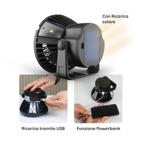 Wintem Ventilatore da Esterno Absolute 4W con Pannello Solare Batteria 25h, 4 LED, Gancio, Ricaricabile USB e con Funzione Powerbank Ean-8052286431759