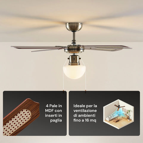 Ventilatore con 4 pale in MDF con inserti in paglia, ideale per ventilazione di ambienti fino a 16 mq da soffitto