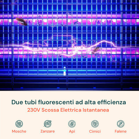 Due tubi fluorescenti ad alta efficienza 230V con scossa elettrica istantanea per eliminare mosche, zanzare, api, cimici e falene