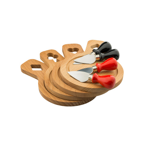 Set mit 4 Schneidebrettern und 4 Käsemessern