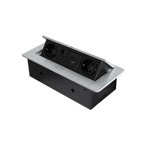 Versenkbare Schreibtischsteckdosenleiste EU mit 2 Schuko-Steckdosen USB A+C RJ45 HDMI Aluminium