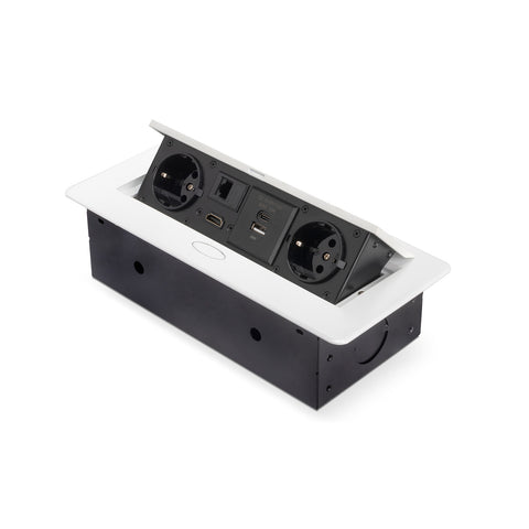 Versenkbare Schreibtischsteckdosenleiste EU mit 2 Schuko-Steckdosen, USB A+C, RJ45, HDMI, Weiß