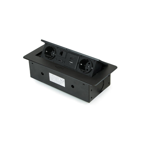Versenkbare Schreibtischsteckdosenleiste EU mit 2 Schuko-Steckdosen, USB A+C, RJ45, HDMI, Schwarz