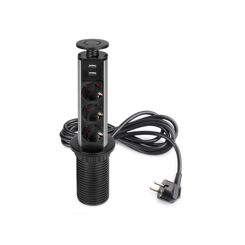Multipresa A Scomparsa Verticale Da Scrivania Eu Con 3 Prese Schuko E 2 Porte Usb ø 6cm Nero