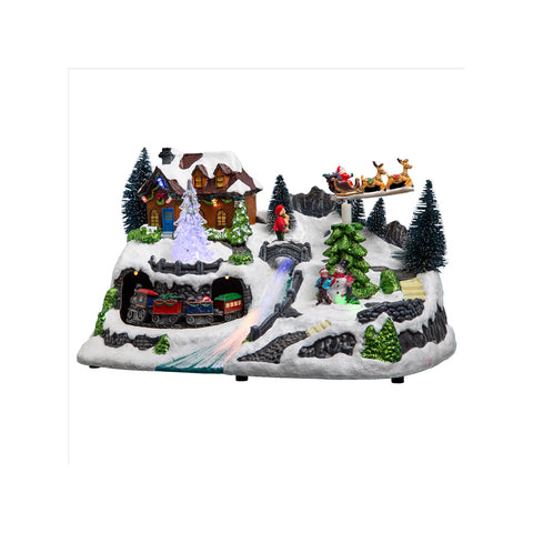 Weihnachtsdorf mit Schlitten und Zug, LED-Beleuchtung