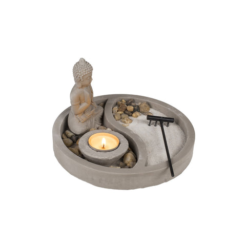 Zen-Garten Yin Yang auf Platte mit Kerzenhalter und Buddha aus Beton 19x12cm