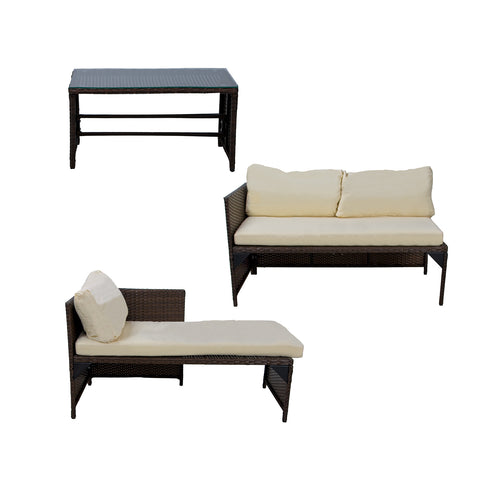 Set completo Zendea SANTORINI separato: divano 2 posti, chaise longue e tavolino con piano vetro in configurazione modulare